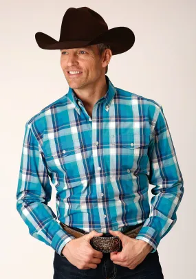 Roper Mens Moon Plaid Blue Cotton Blend L/S Shirt